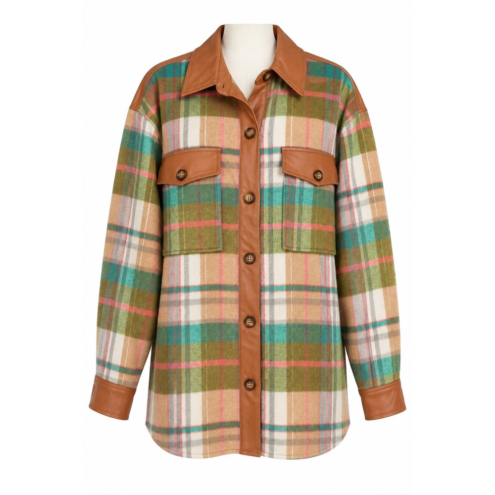 NWT Easel Faux Leather Trim Plaid Shirt Jacket Tan Green Elbow Patch L